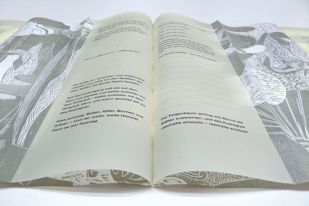 Künstlerbuch mit einer Erzählung von Gustav Meyrink, Holzschnitt, Texte auf Transparentpapier