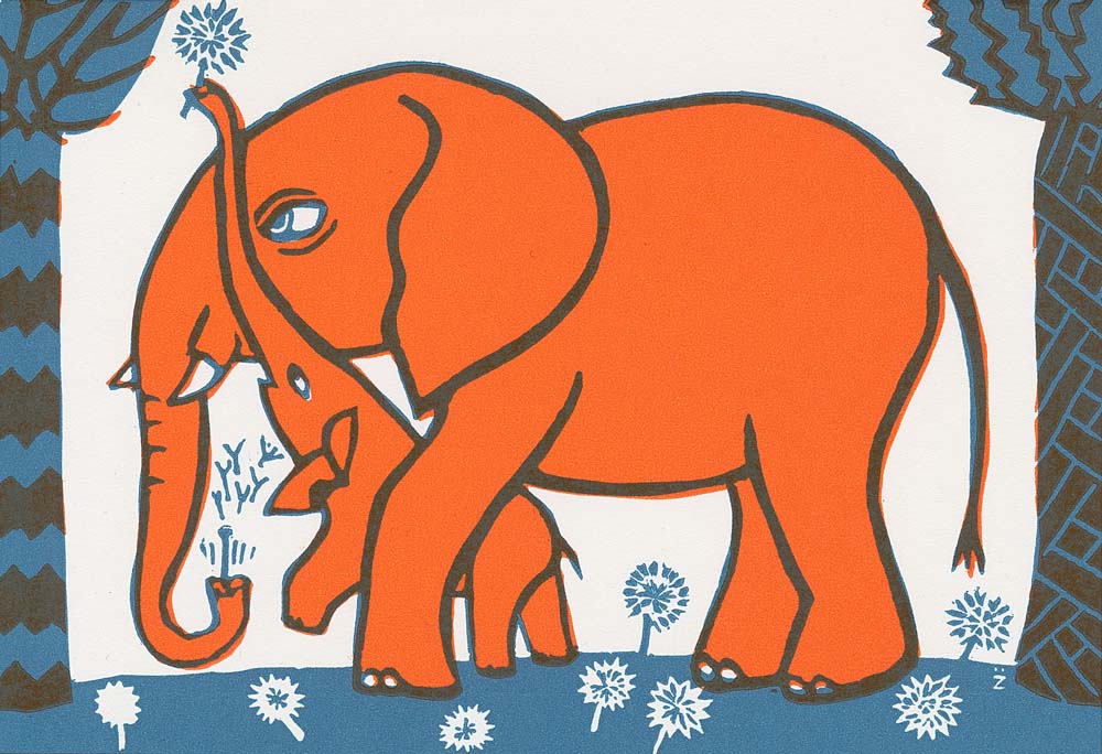 Elefant mit Junges pusten Pusteblumen
