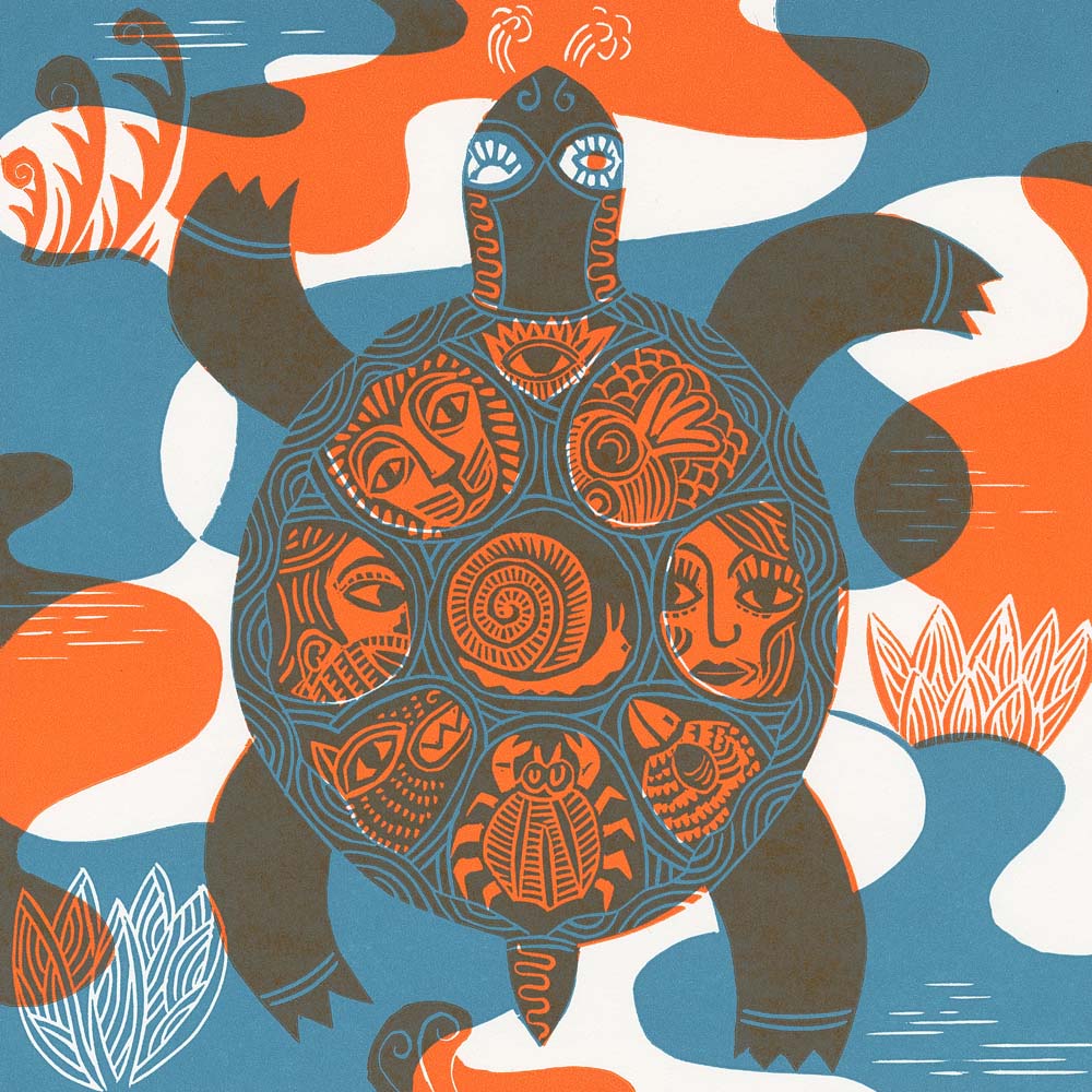 Schildkröte mit Tieren und Gesichtern im Panzer Blau / Orange
